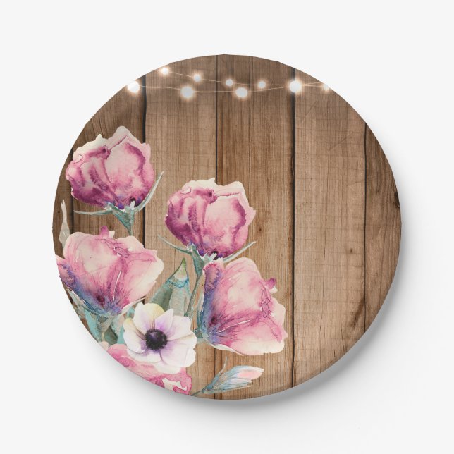 Saitenleuchten und Blume Rustikales Stallholz Pappteller (Vorderseite)