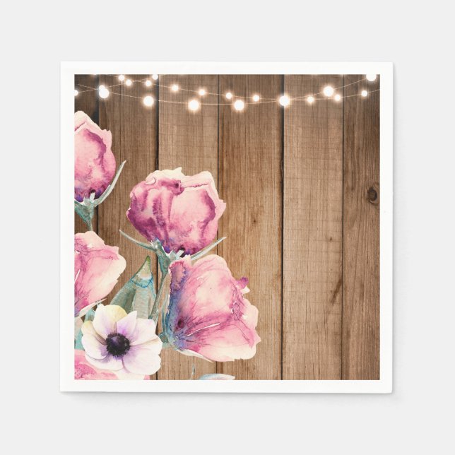 Saitenleuchten und Blume Rustikales Stallholz Serviette (Vorderseite)