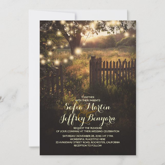 Saitenlichter rustikale Hochzeitseinladung Einladung (Vorderseite)