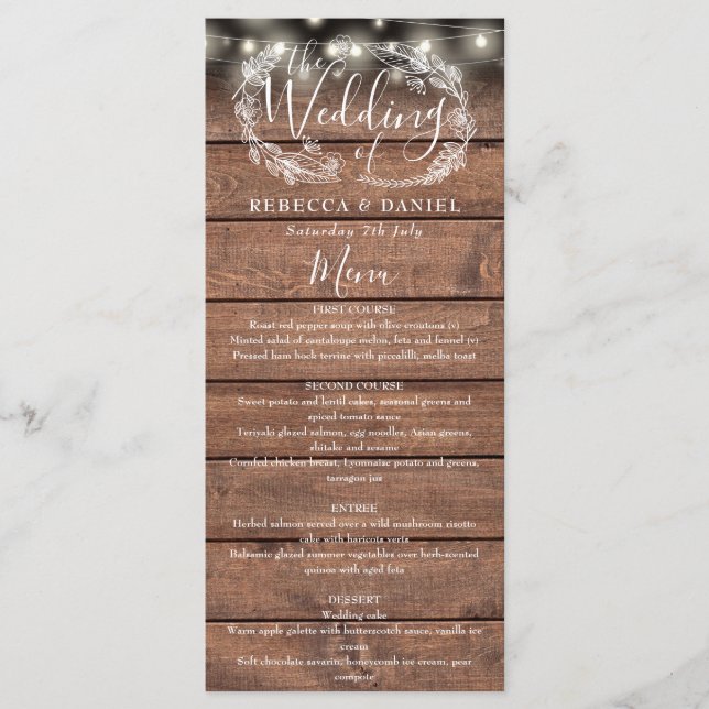 Saitenlichter Rustikale Holzblumenhochzeit Menükarte (Vorderseite)