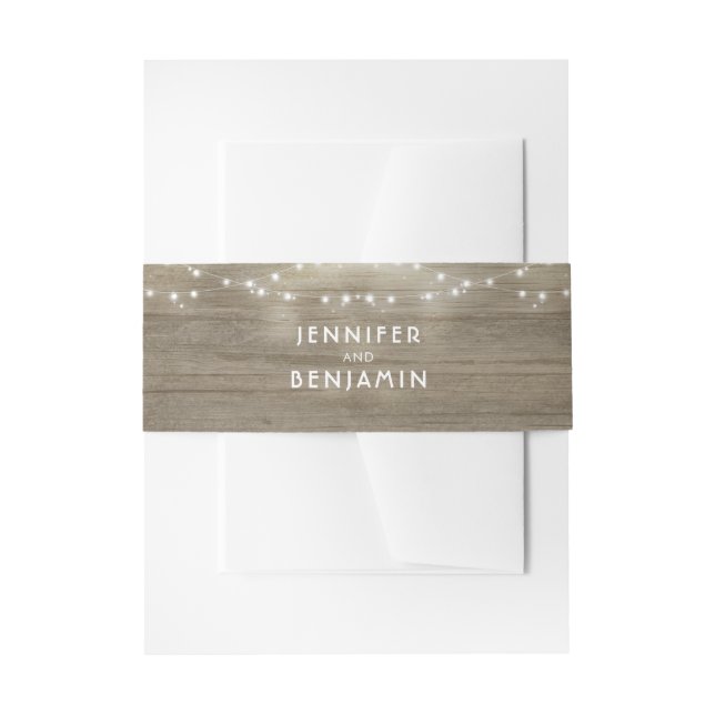 Saitenlichter und rustikale Holzhochzeit Einladungsbanderole (Vorderseite Beispiel)