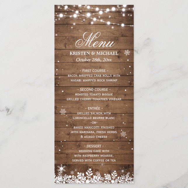 Saitenlichter Wood Rustic Winter Wedding Menu Menükarte (Vorderseite)