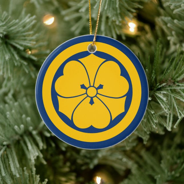 Sakai Mon Japanischer Samurai-Clan gelb auf blau Keramik Ornament (Baum)
