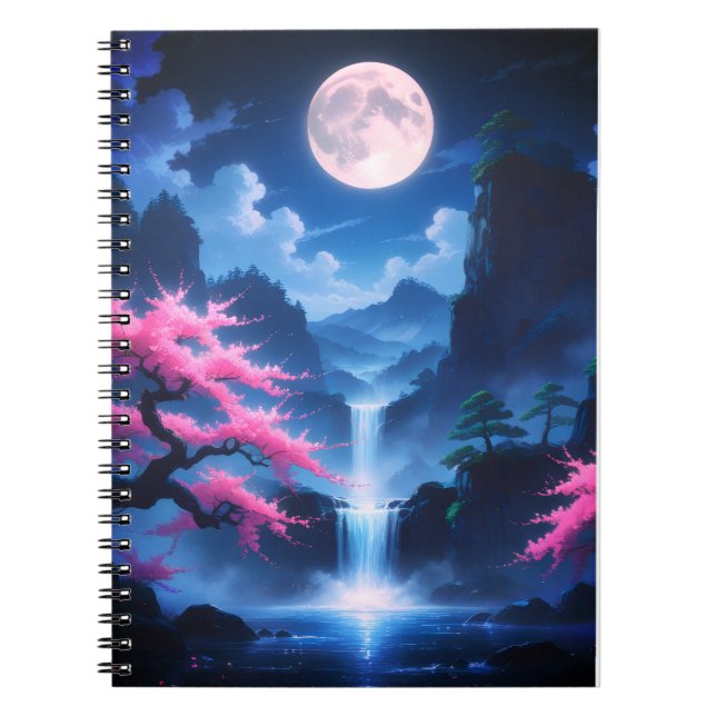 Sakora-Baum-Mondlicht-Wasserfall mit Kirschrosa Notizblock (Vorderseite)