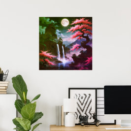 Sakora-Baum-Mondlicht-Wasserfall mit Kirschrosa Poster