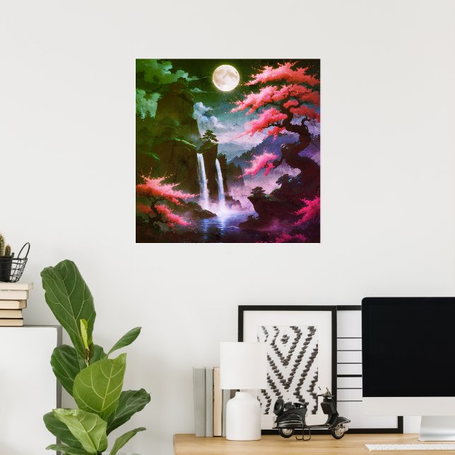 Sakora-Baum-Mondlicht-Wasserfall mit Kirschrosa Poster (Heimbüro)