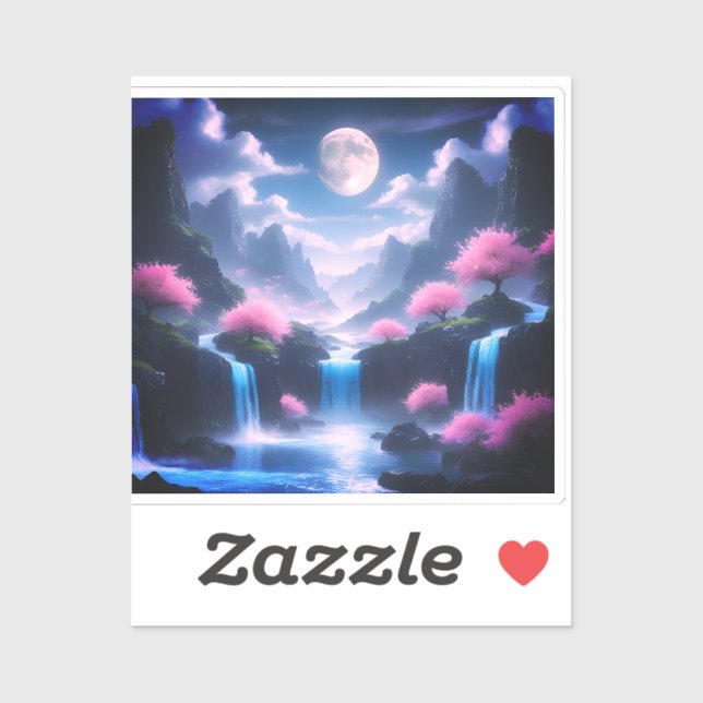 Sakora tree-Moonlit Waterfall with Cherr-pink Aufkleber (Blatt)