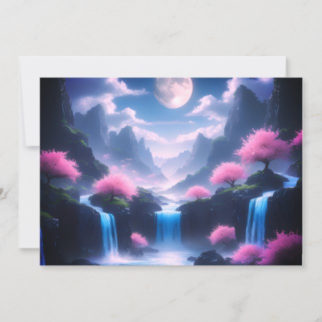 Sakora tree-Moonlit Waterfall with Cherr-pink Einladung (Vorderseite)