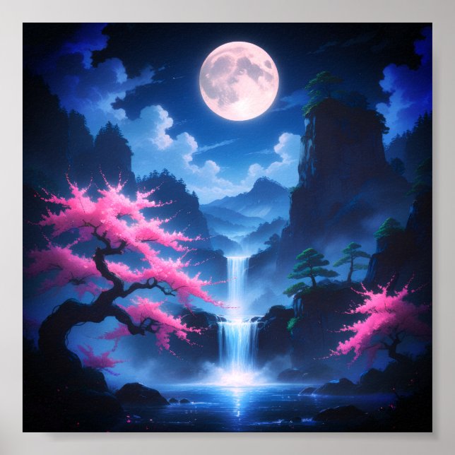 Sakora tree-Moonlit Waterfall with Cherr-pink Poster (Vorne)