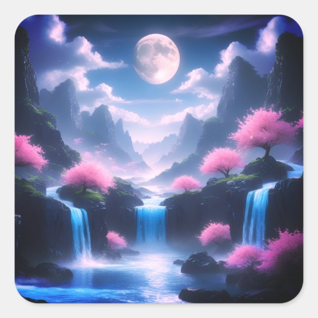 Sakora tree-Moonlit Waterfall with Cherr-pink Quadratischer Aufkleber (Vorderseite)