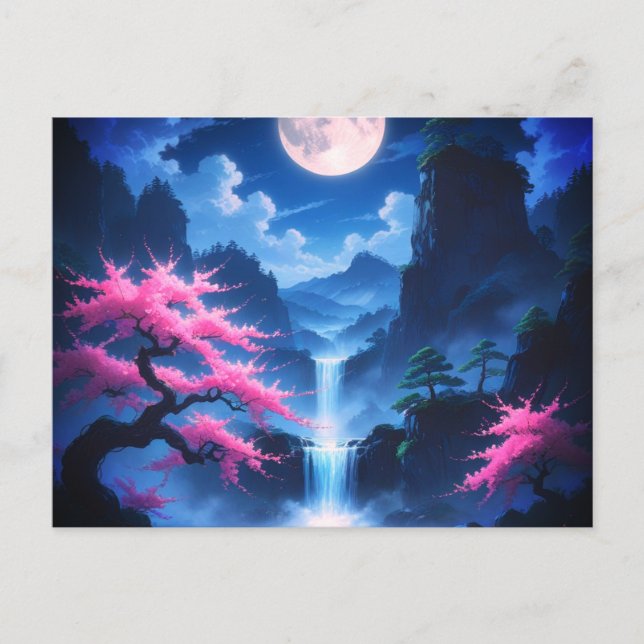 Sakora tree -Moonlit Waterfall with Cherry-nature Postkarte (Vorderseite)