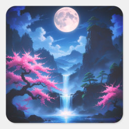 Sakora tree -Moonlit Waterfall with Cherry-nature Quadratischer Aufkleber
