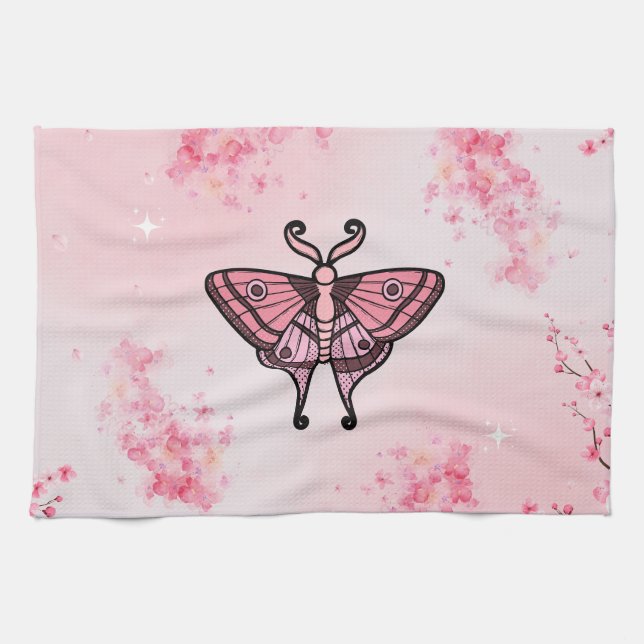 Sakura Bliss, rosa Moth, Sakura Hintergrund Geschirrtuch (Horizontal)