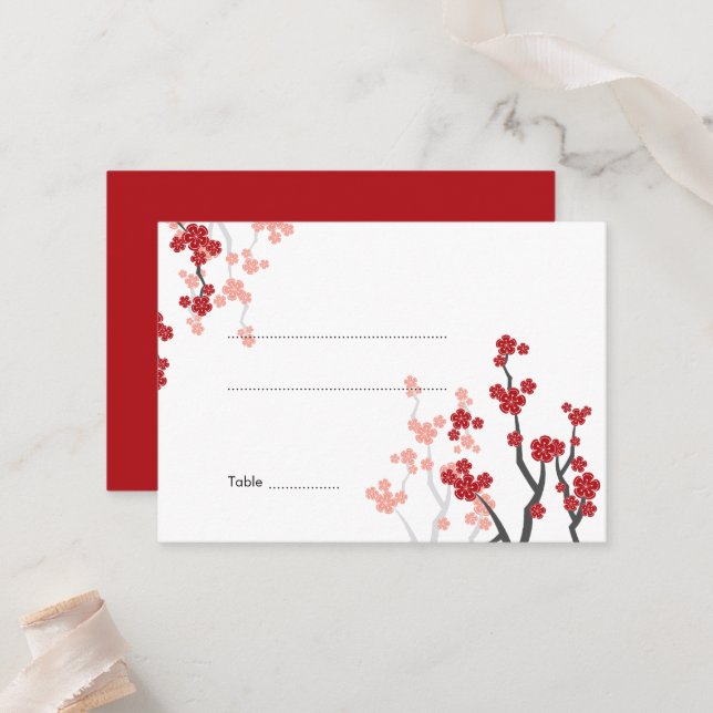 Sakura Blume Rote Kirsche Blüten Asiatische Hochze Platzkarte (Vorderseite/Rückseite Beispiel)