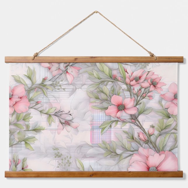 Sakura Blush Serenade Botanisch Wandteppich Mit Holzrahmen (Vorne)