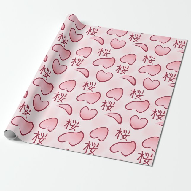 Sakura Blüten mit Kanji Geschenkpapier (Ungerollt)