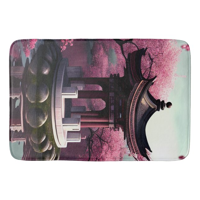 Sakura Cherry Blossom Garden Shrine Pond Japanisch Badematte (Vorderseite)