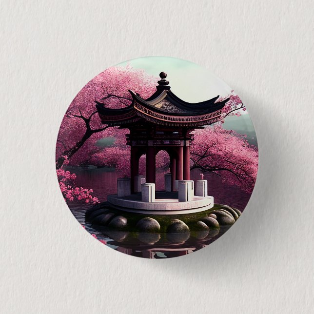 Sakura Cherry Blossom Garden Shrine Pond Japanisch Button (Vorderseite)