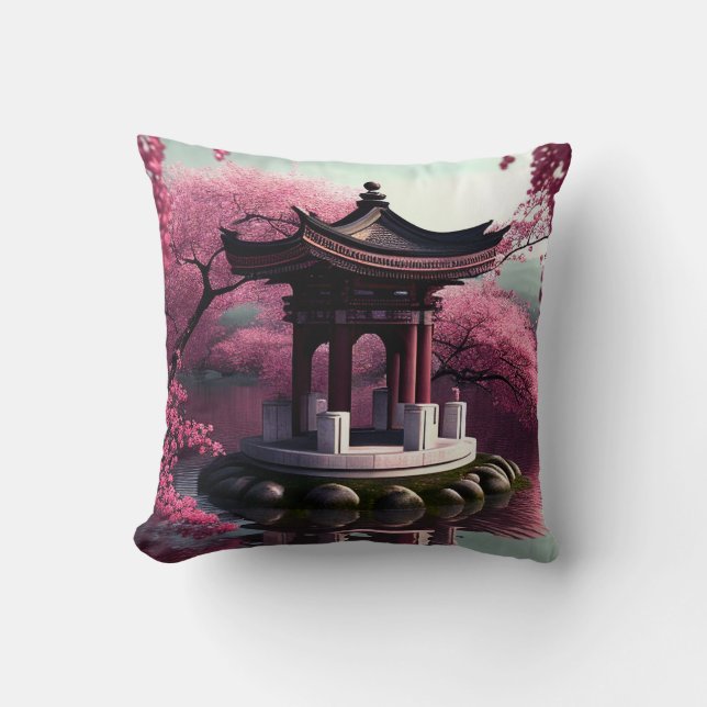 Sakura Cherry Blossom Garden Shrine Pond Japanisch Kissen (Vorderseite)