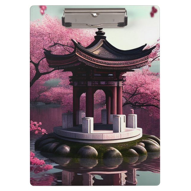 Sakura Cherry Blossom Garden Shrine Pond Japanisch Klemmbrett (Vorderseite)