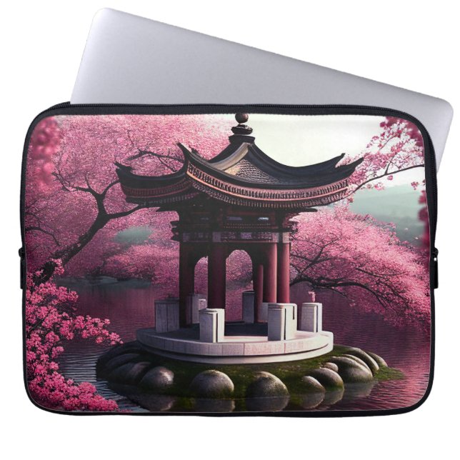 Sakura Cherry Blossom Garden Shrine Pond Japanisch Laptopschutzhülle (Vorderseite)