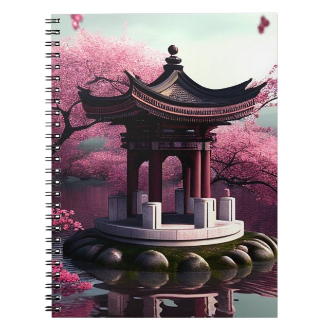Sakura Cherry Blossom Garden Shrine Pond Japanisch Notizblock (Vorderseite)