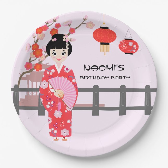 Sakura Cherry Blossom Japanisches Mädchen Geburtst Pappteller (Vorderseite)