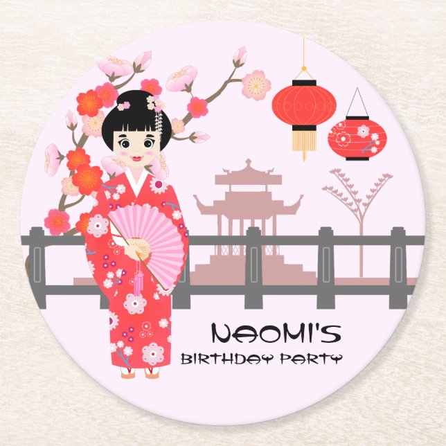 Sakura Cherry Blossom Japanisches Mädchen Geburtst Runder Pappuntersetzer (Vorderseite)