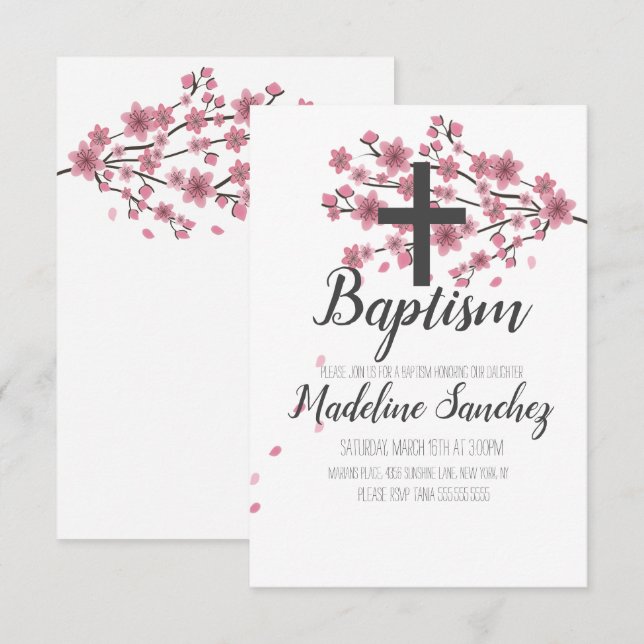 Sakura Cherry Blossom Pink Taufe Christening Einladung (Vorne/Hinten)