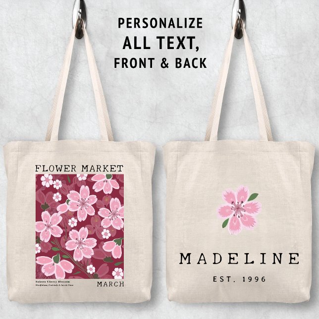 Sakura Cherry Blossoms März Birma Blume Markt Tragetasche (Personalized March Birth Flower Market Tote Bag, Custom Name Bag, Bachelorette Bridesmaid Gifts )