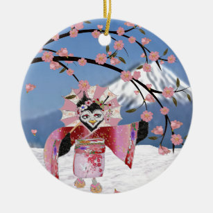 Sakura Geisha Bird in den Snow-Cherry-Blüten Keramikornament