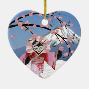 Sakura Geisha Bird in den Snow-Cherry-Blüten Keramikornament