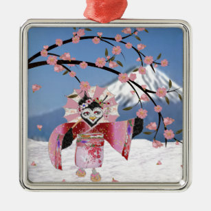 Sakura Geisha Bird in den Snow-Cherry-Blüten Ornament Aus Metall