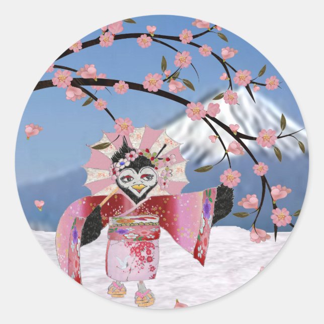 Sakura Geisha Bird in den Snow-Cherry-Blüten Runder Aufkleber (Vorderseite)