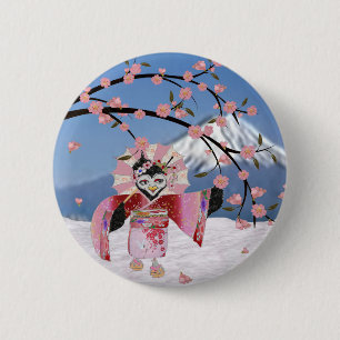 Sakura Geisha Vogel im Schnee Kirschblüten Button