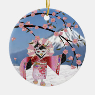 Sakura Geisha-Vogel im Schnee Kirschblüten Keramikornament