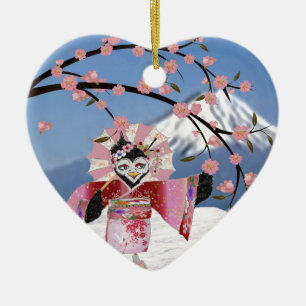 Sakura Geisha-Vogel im Schnee Kirschblüten Keramikornament