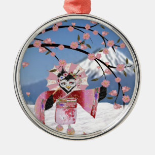 Sakura Geisha-Vogel im Schnee Kirschblüten Ornament Aus Metall