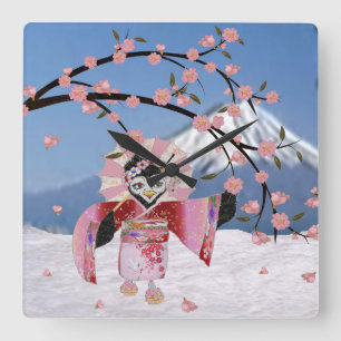 Sakura Geisha-Vogel im Schnee Kirschblüten Quadratische Wanduhr