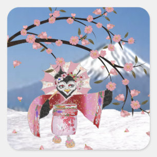 Sakura Geisha-Vogel im Schnee Kirschblüten Quadratischer Aufkleber