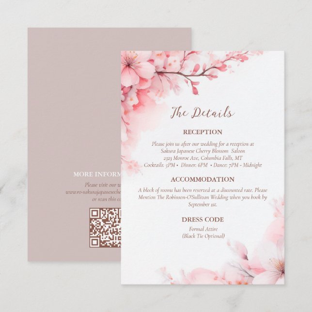 Sakura Japanese Cherry Blossom Wedding Details Begleitkarte (Vorne/Hinten)
