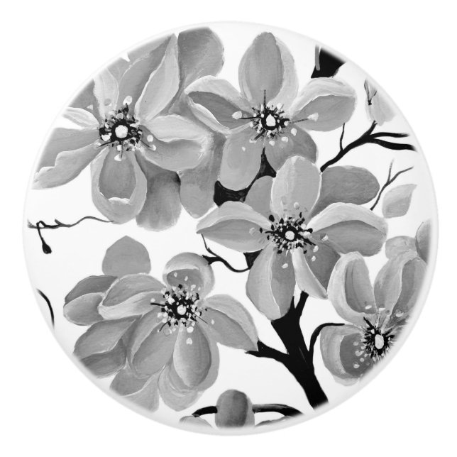 Sakura Japanischer Kirschbaum Schwarz-Weiß Keramikknauf (Vorderseite)