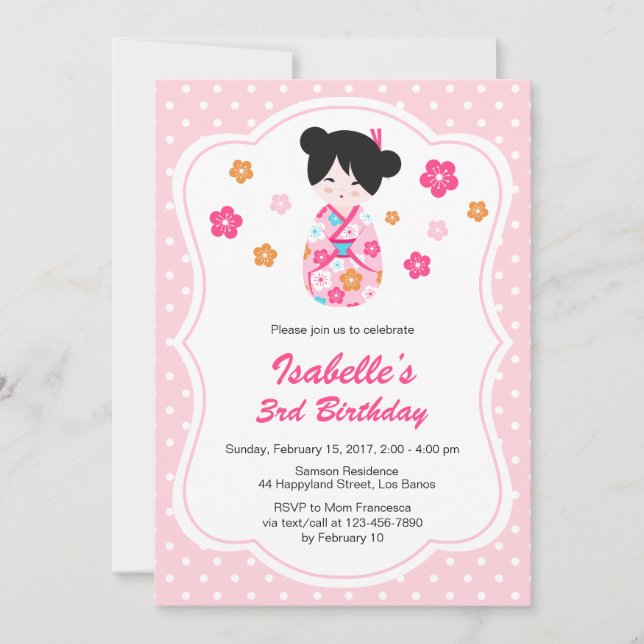 Sakura Japonais Kokeshi Doll Invitation d'annivers (Devant)