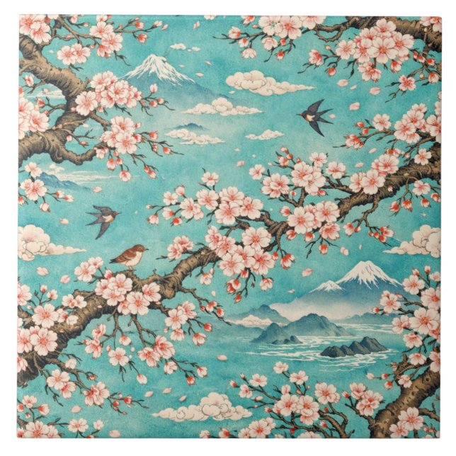 Sakura Kirschblüten Ukiyo-e Keramikfliese (Vorderseite)