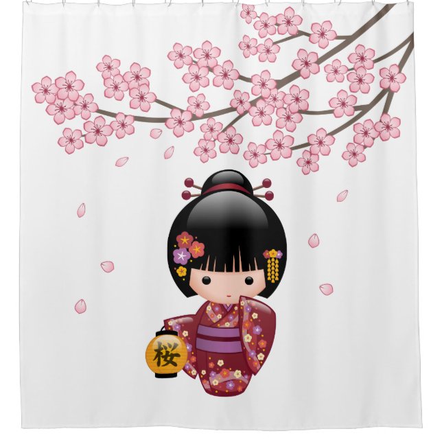 Sakura Kokeshi Doll Geisha Girl Cherry Blossom Duschvorhang (Vorderseite)