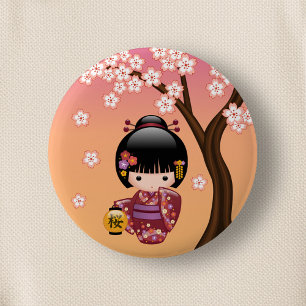 Sakura Kokeshi Doll - Geisha Girl on Peach Button