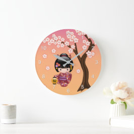 Sakura Kokeshi Doll - Geisha Girl on Peach Große Wanduhr