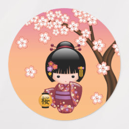 Sakura Kokeshi Doll - Geisha Girl on Peach Kinderetiketten