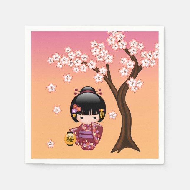 Sakura Kokeshi Doll - Geisha Girl on Peach Serviette (Vorderseite)