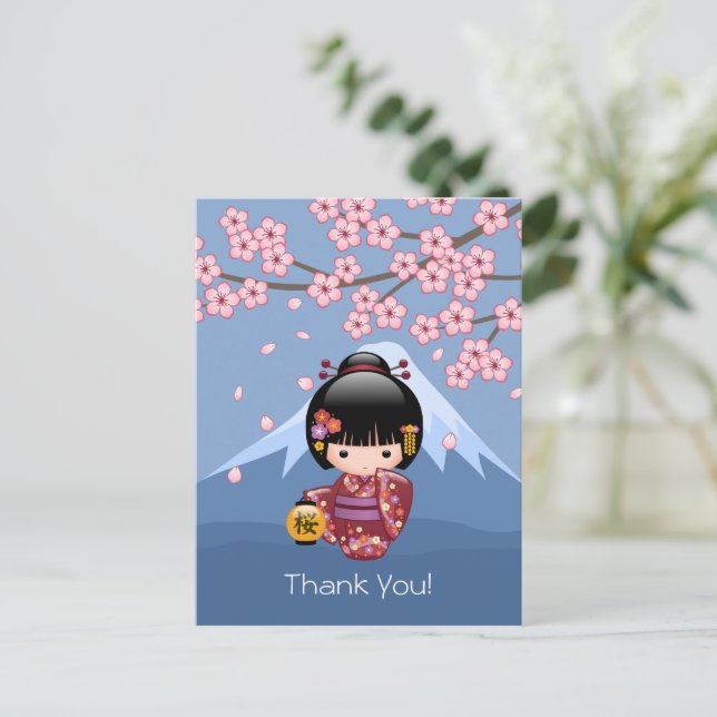 Sakura Kokeshi Doll - Niedlich Geisha Danke Postkarte (Stehend Vorderseite)